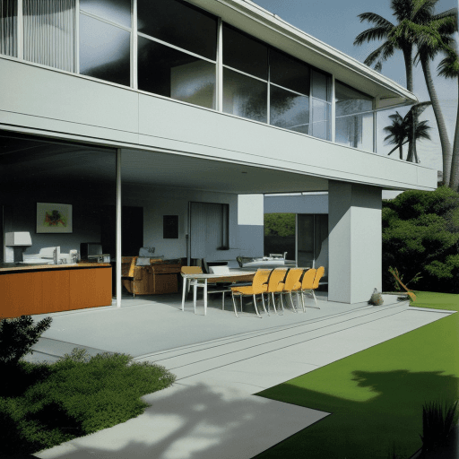 AI generated: Hyper realistic eye level exterior photo of a mid century modern style house overlooking the ocean, ...