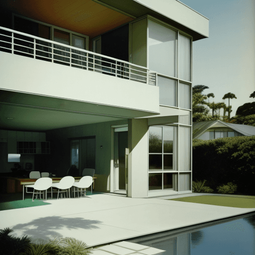 AI generated: Hyper realistic eye level exterior photo of a mid century modern style house overlooking the ocean, ...