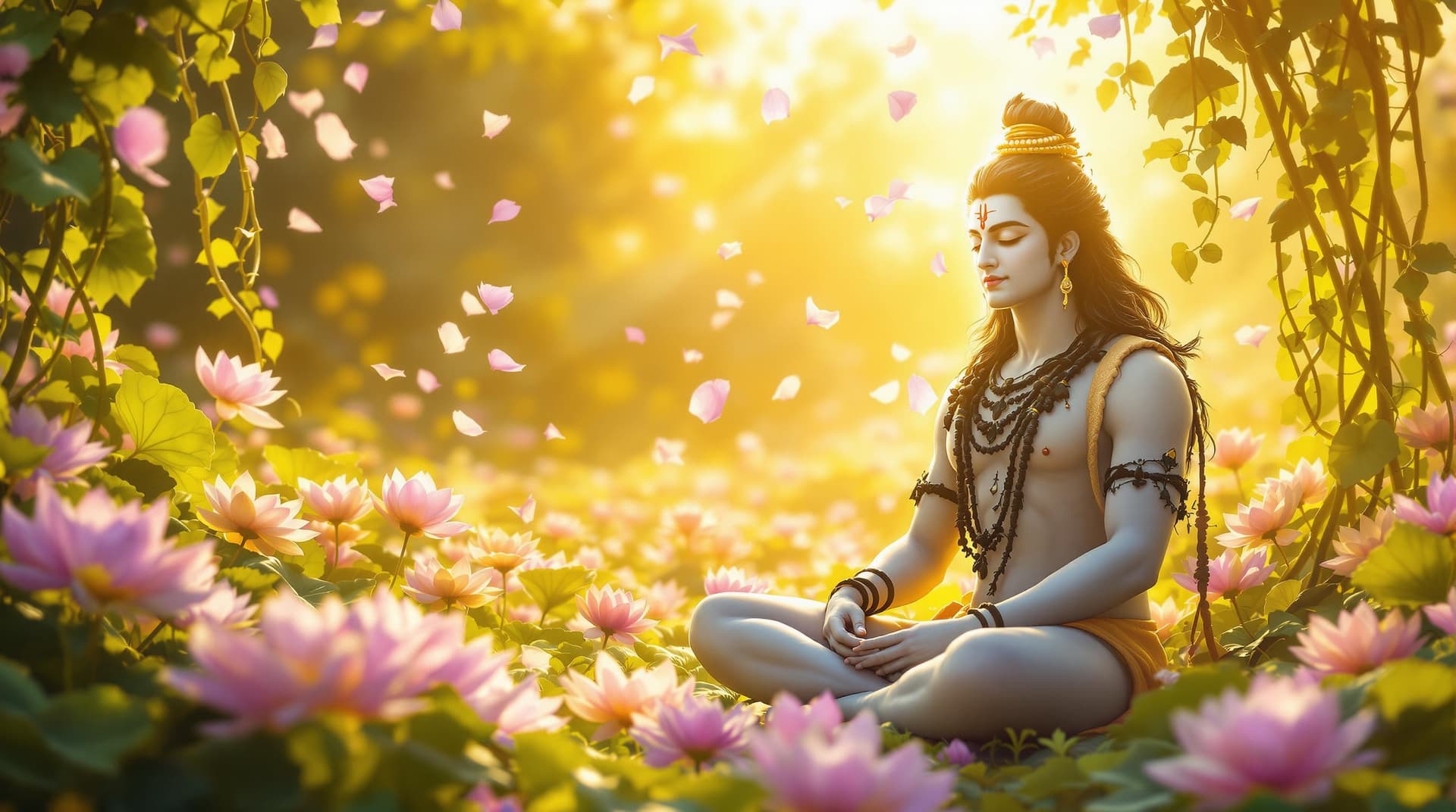 AI generated: "Generate an image of Lord Shiva in a divine garden filled with golden lotus flowers and pastel gree...