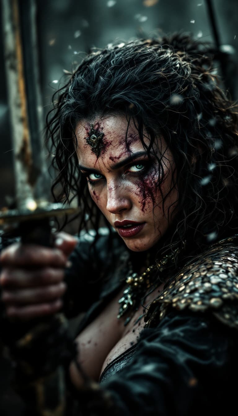 AI generated: high-resolution photograph, woman, ugly scar in the face, exposed body,  dramatic scene of old war, ...
