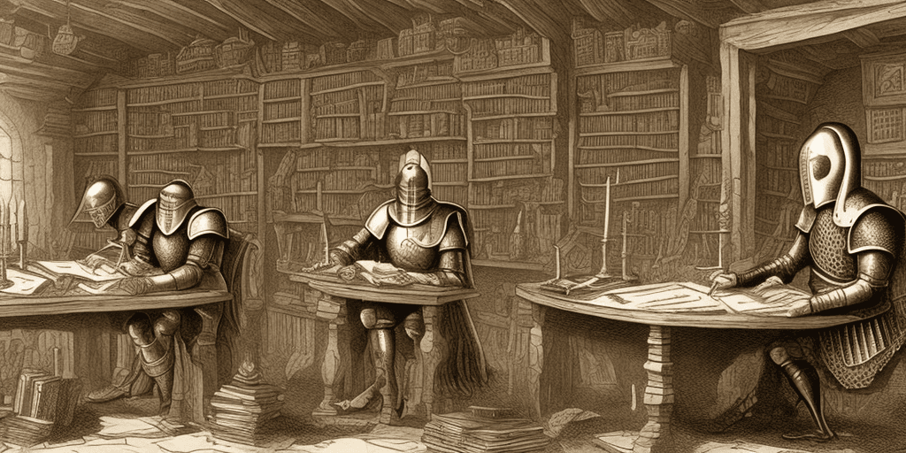 AI generated: A fascinating and skillfully detailed illustration with aspect ratio 16:9. The knight in old armor s...