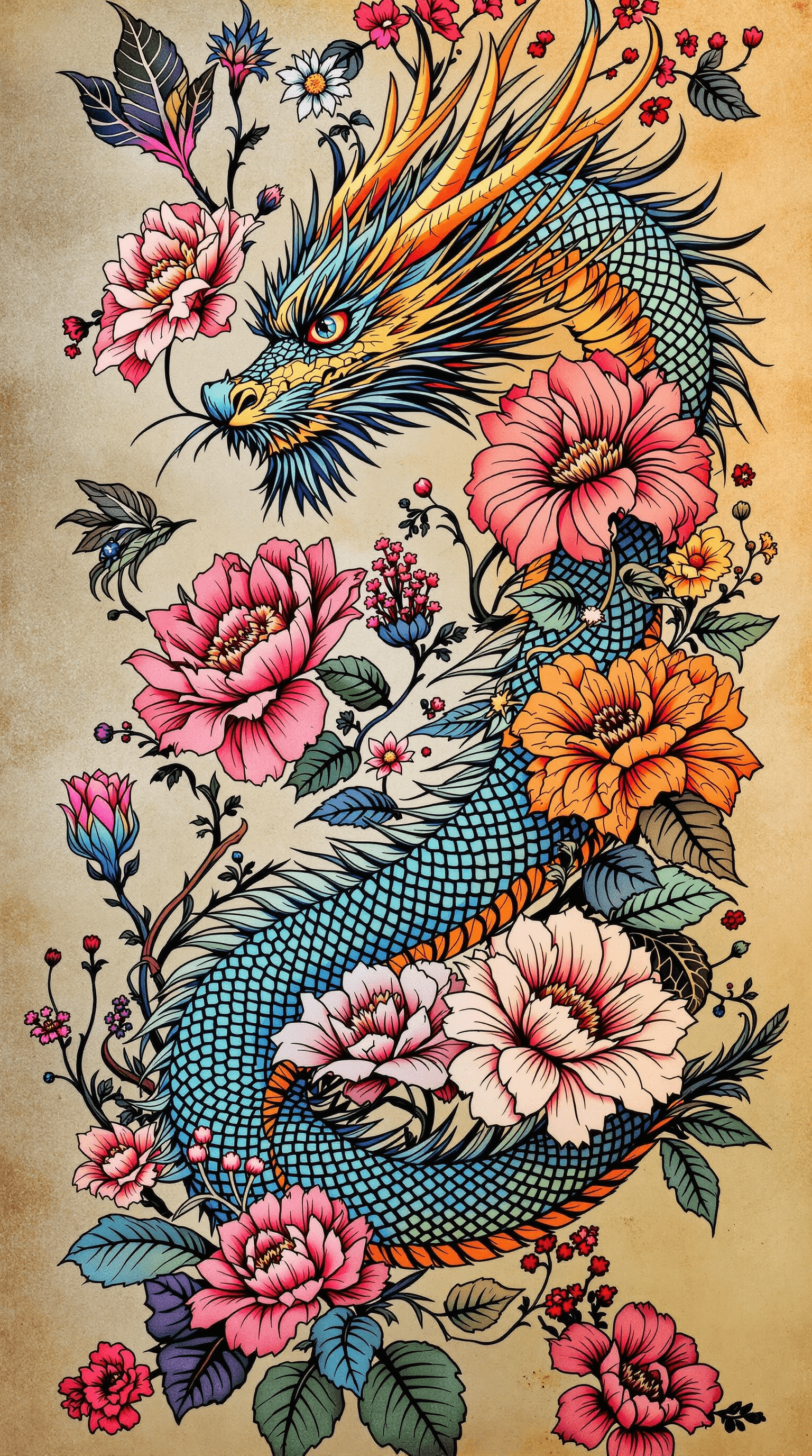 AI generated: tatootemplat colored dragonskin with flowers theme
 (only show the tatoos)


