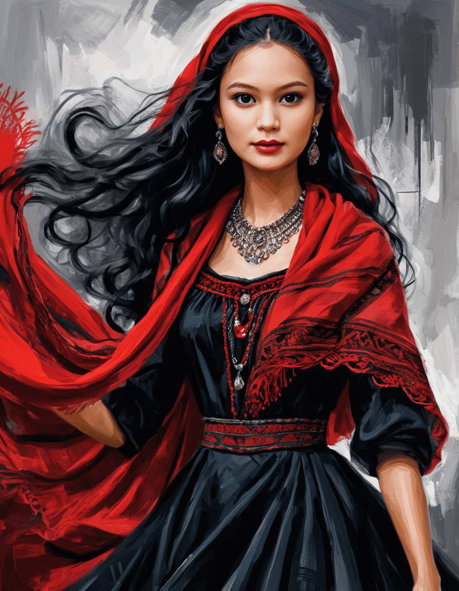 AI generated: a painting of a gypsy Barbie in a red and black dress, high details, long black hair, red scarf, flo...