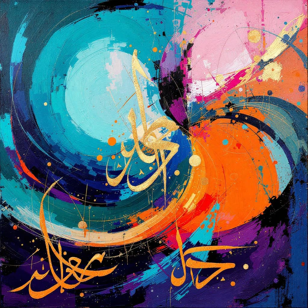 AI generated: stunning Vibrant teal, purple, orange, pink golden Islamic oil painting! bold, textured brushstrokes...