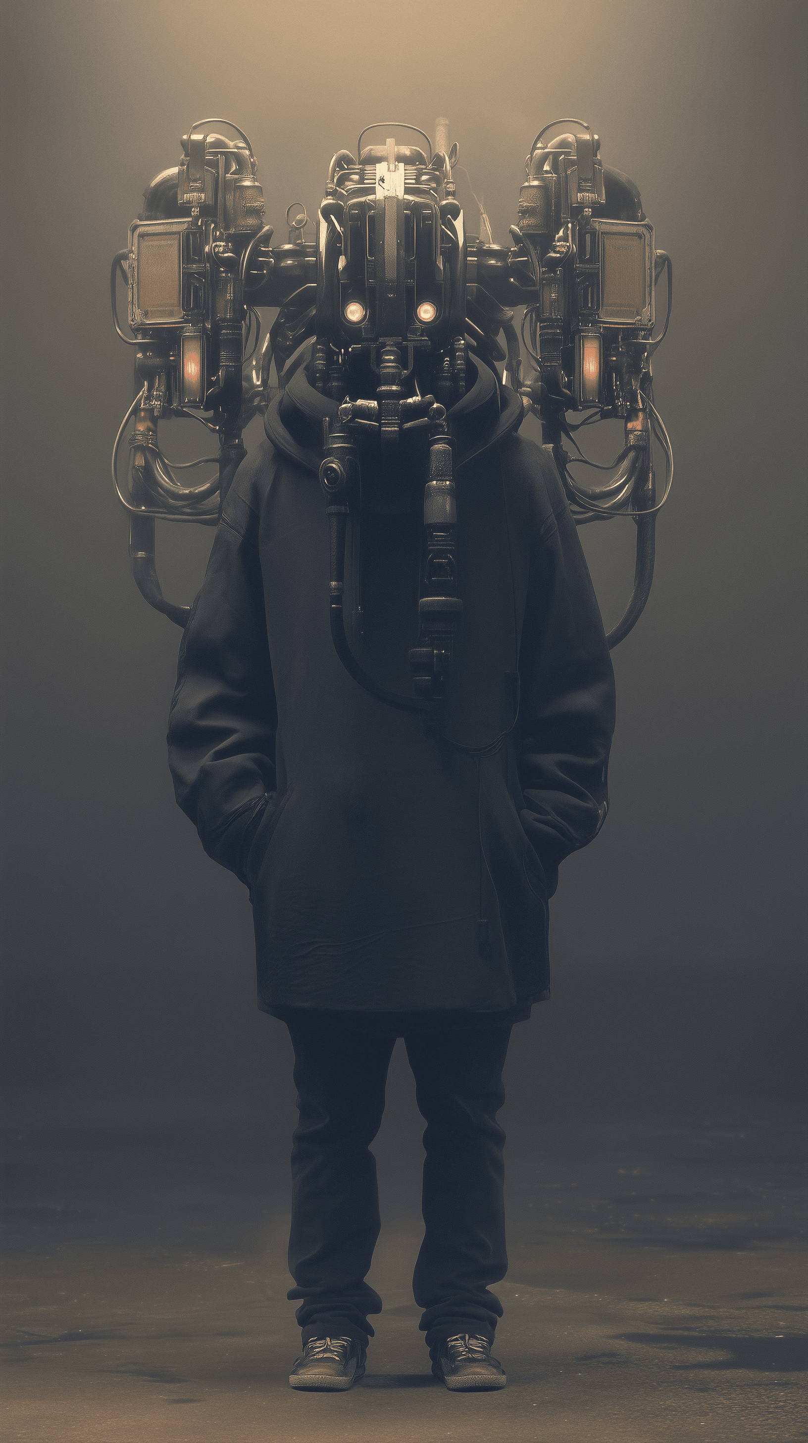 AI generated: photorealistic, full-body, horroristic figure, front view, nihilism, intricate mechanical, muted fut...