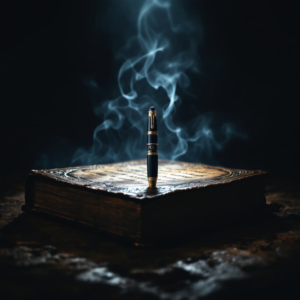 AI generated: A Biro placed on a ancient book that looks like the old book of moses on a dark background with mid ...