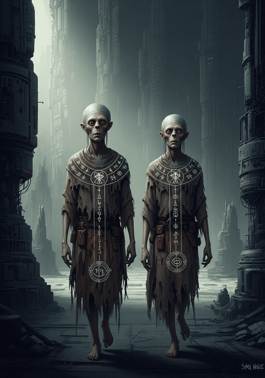 AI generated: /Artprompt Sci-fi, create a dystopian futuristic scene depicting two (strange beings:1.5) resembling...