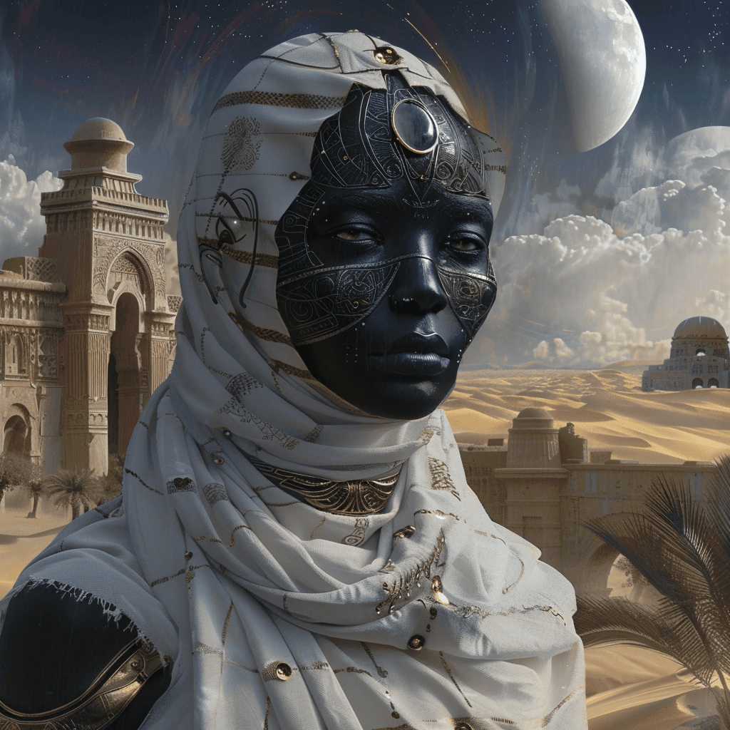 AI generated: A mysterious black-skinned woman in white linen , surrounded by an ancient desert landscape with a f...