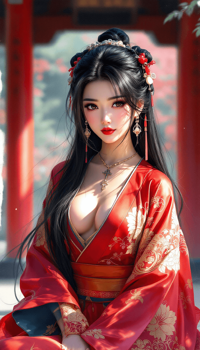 AI generated: OBxiaoxiang, inksplash portrait of stunning oriental princess stting outside shinto shrine, long hai...