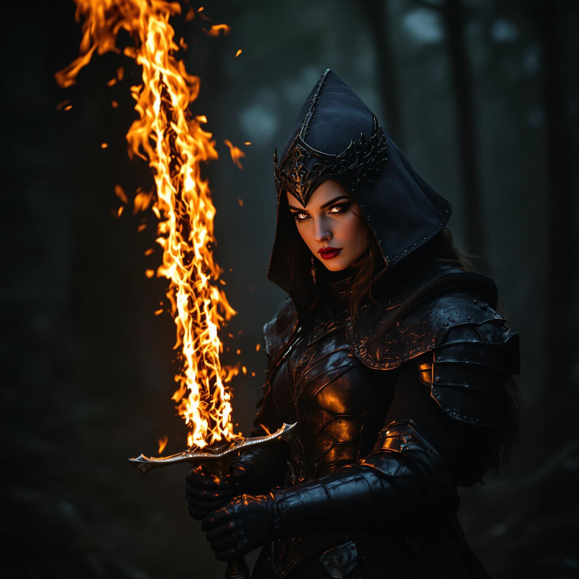 AI generated: A beautiful English female witch, dressed in a medieval warrior costume, black metal armor, in the m...