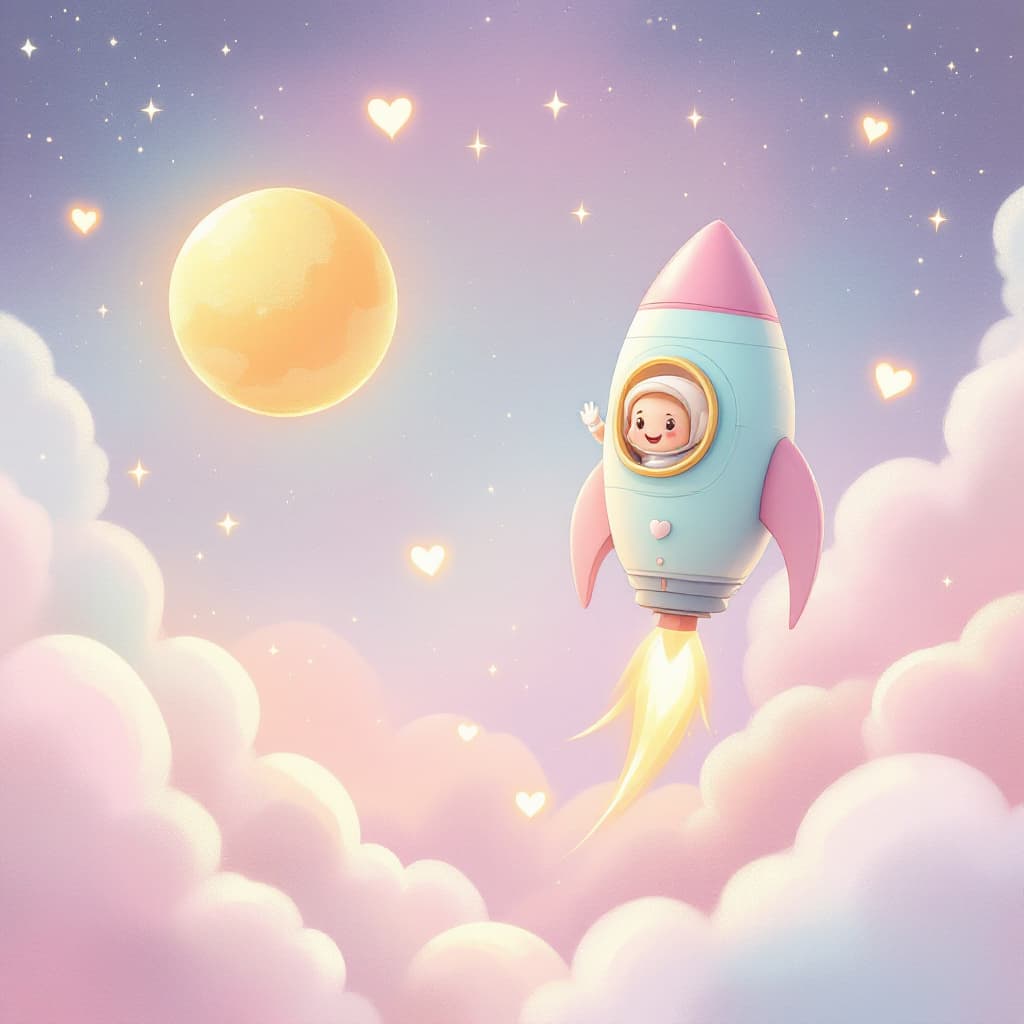 AI generated: A dreamy, pastel-colored outer space illustration. The background is a blend of soft pink, baby blue...