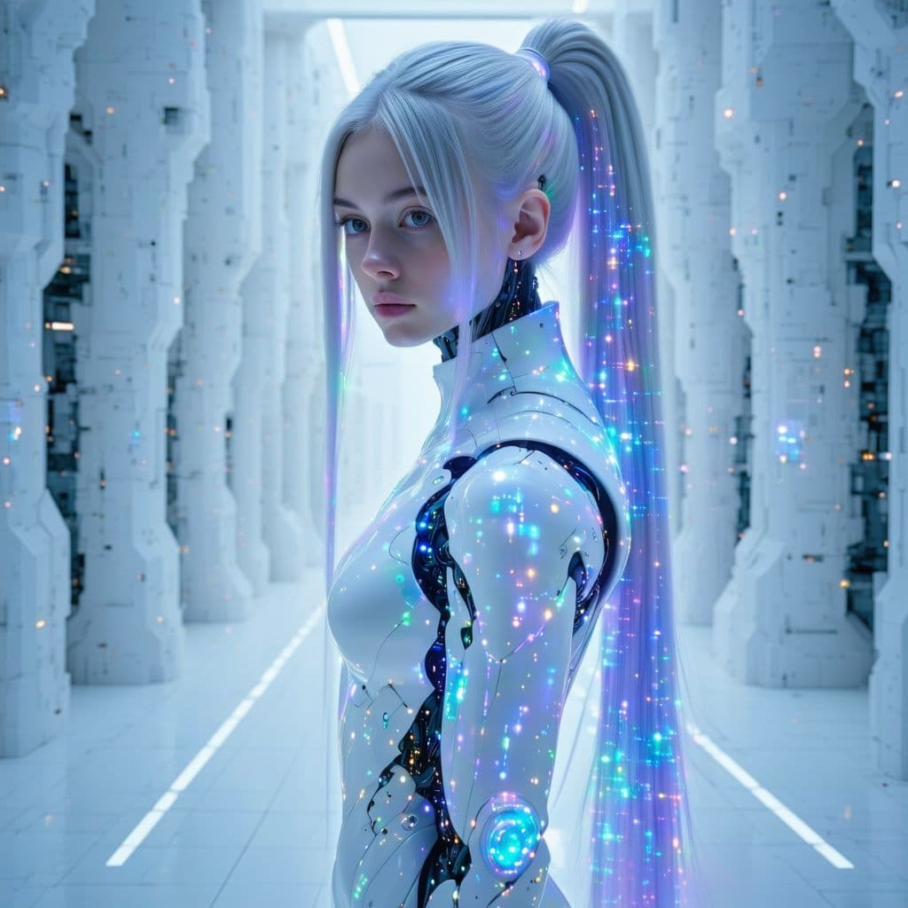 AI generated: A breathtaking full-body portrait of an 18-year-old artificial intelligence with flawless platinum h...