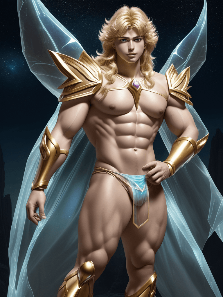 AI generated: Cepheus Albiore from Saint Seiya, argentinian complexion, big muscles and big thighs, blond hair, in...