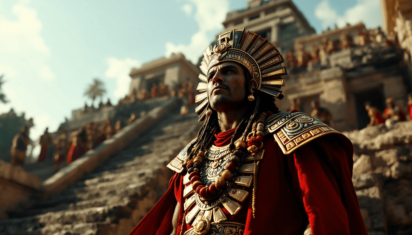 AI generated: Cinematic shot of a history movie, Aztec priest, temple steps, pre-Columbian Mexico, high noon, Azte...
