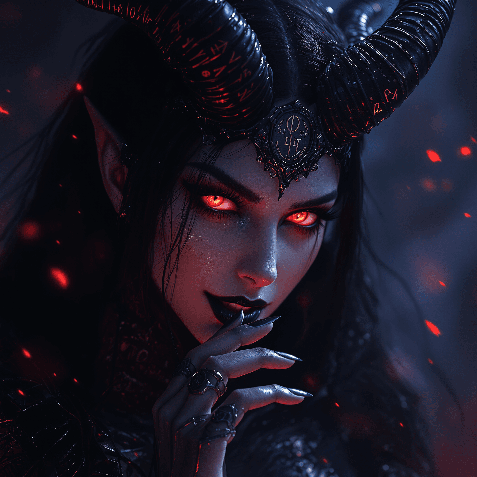 AI generated: A full-cace Coverart art of A seductive female demon queen in a dramatic close-up portrait, reminisc...