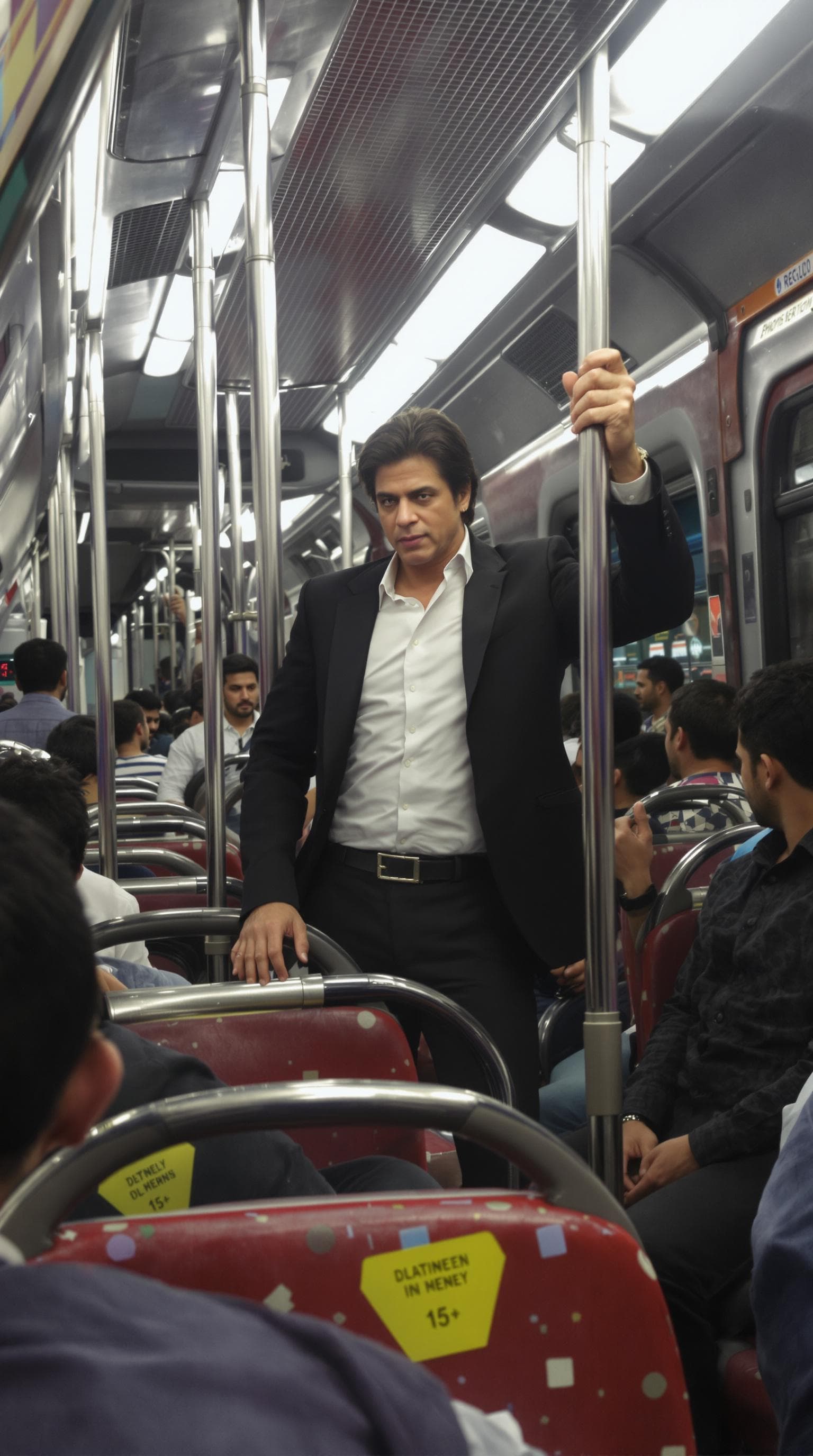 AI generated: A  grotesque standing with Shahrukh Khan in a bus, Ultra realistic, Shot on an iphone 6s, 