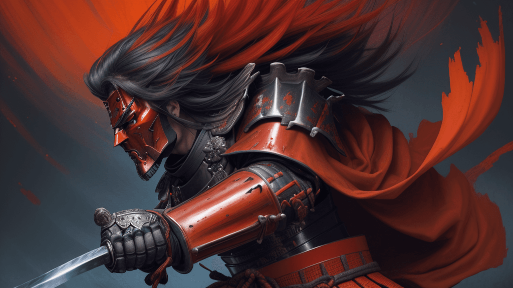 AI generated: a powerful male samurai warrior with a stoic expression and gleaming armor worn at the edges vibrant...