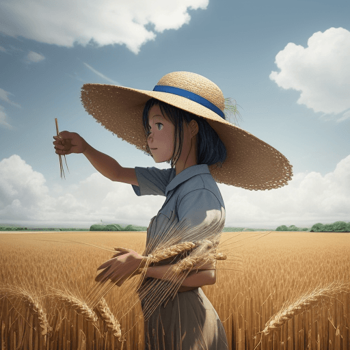AI generated: Wheat field, a farmer uncle with a straw hat standing in a wheat field, big clouds, blue sky, rice f...