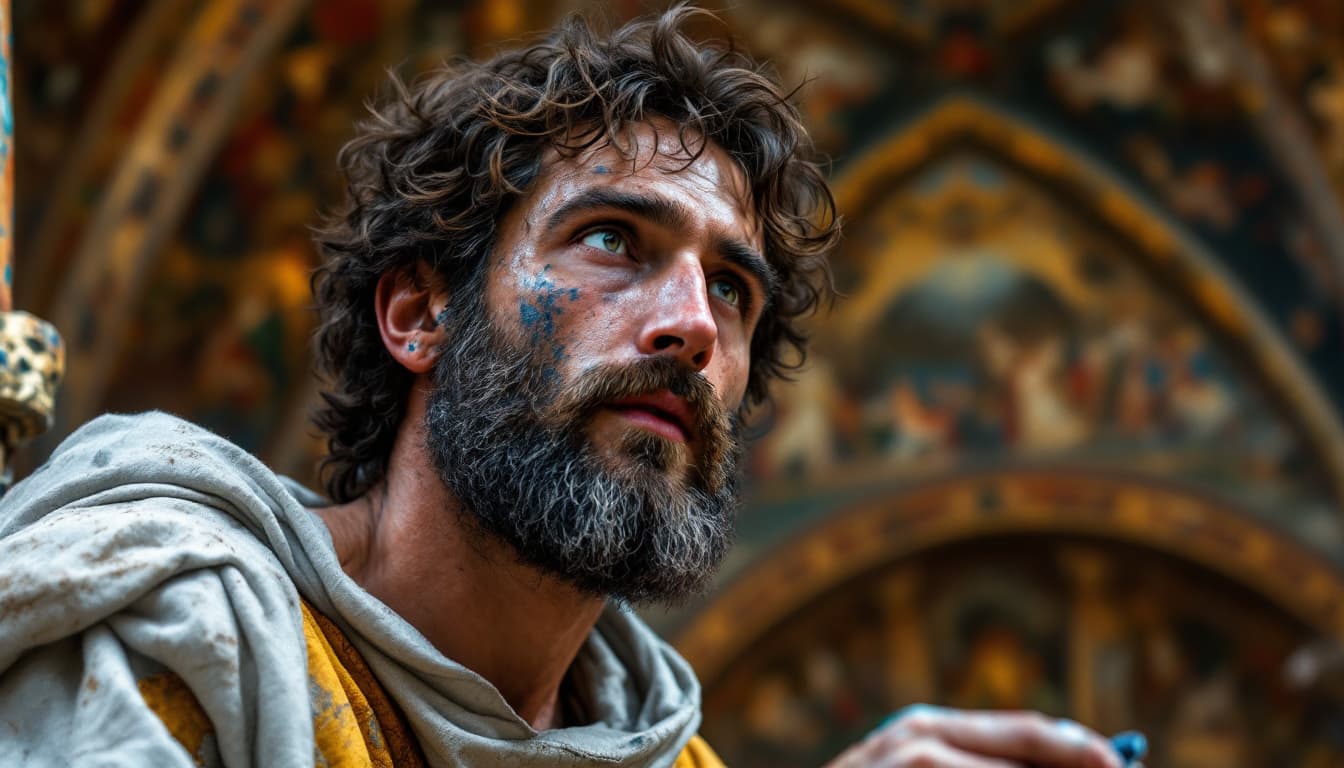 AI generated: Hyperrealistic image of a renaissance painter, intricate details, about 35 years old, bearded, this ...