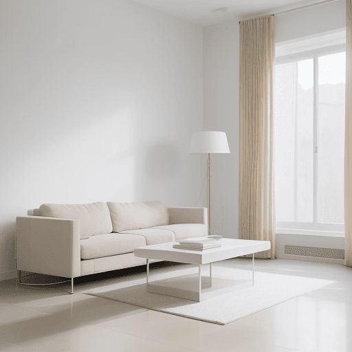 AI generated: Photograph, contemporary living room, soft light of morning, integration of beige flooring and matte...