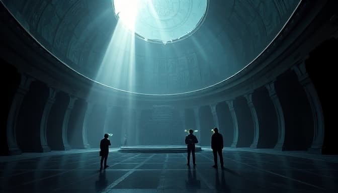 AI generated: View a vast, alien chamber from a low, wide-angle camera perspective that emphasizes three-dimension...