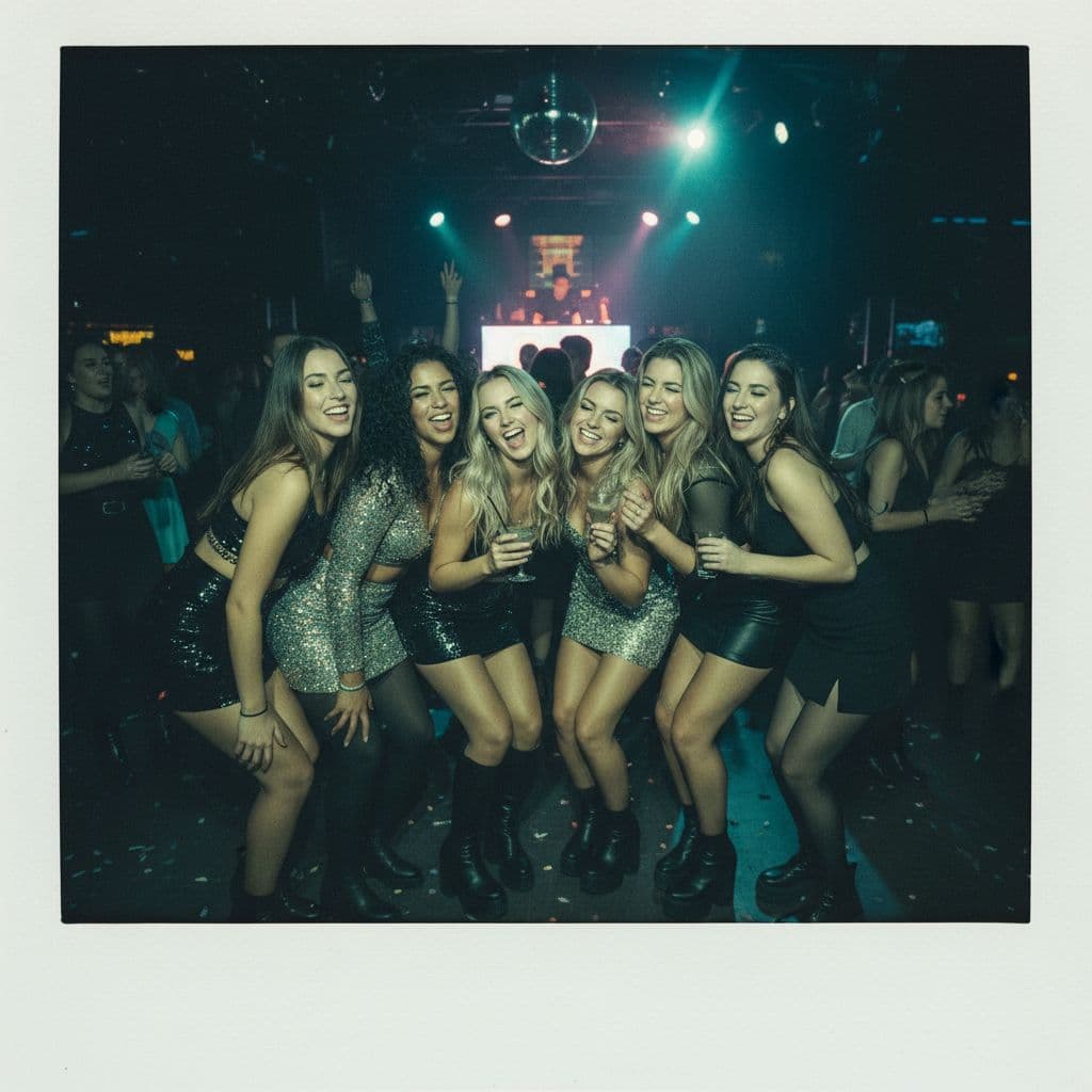 AI generated: Candid 35mm Polaroid of a group of gorgeous girls partying at a dance club. They look like trouble. ...