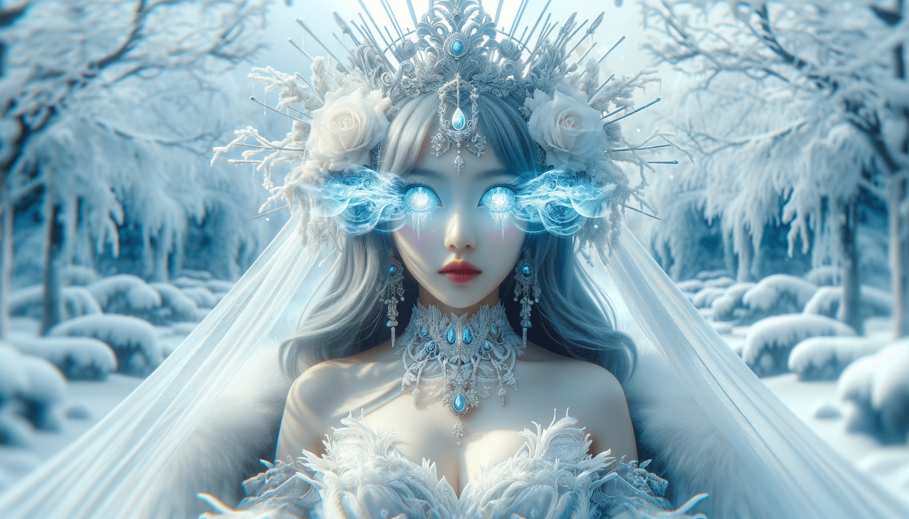 AI generated: the queen of snow fairys, fantasy, glowing hypnotic eyes, snow, anime, fauvism 