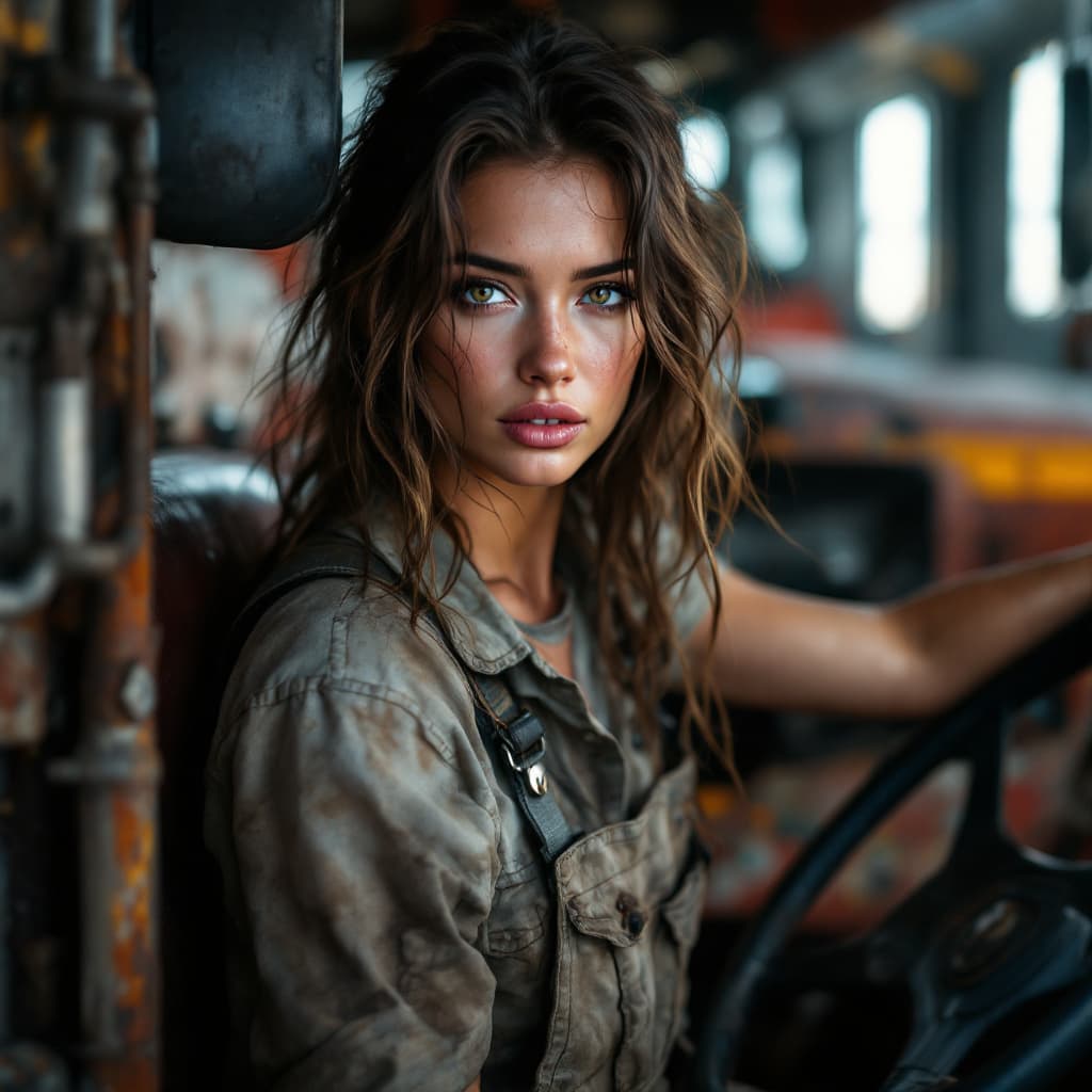 AI generated: gorgeous female dressed as truck driver, truck in background, attractive, flirting, dirty clothes, d...