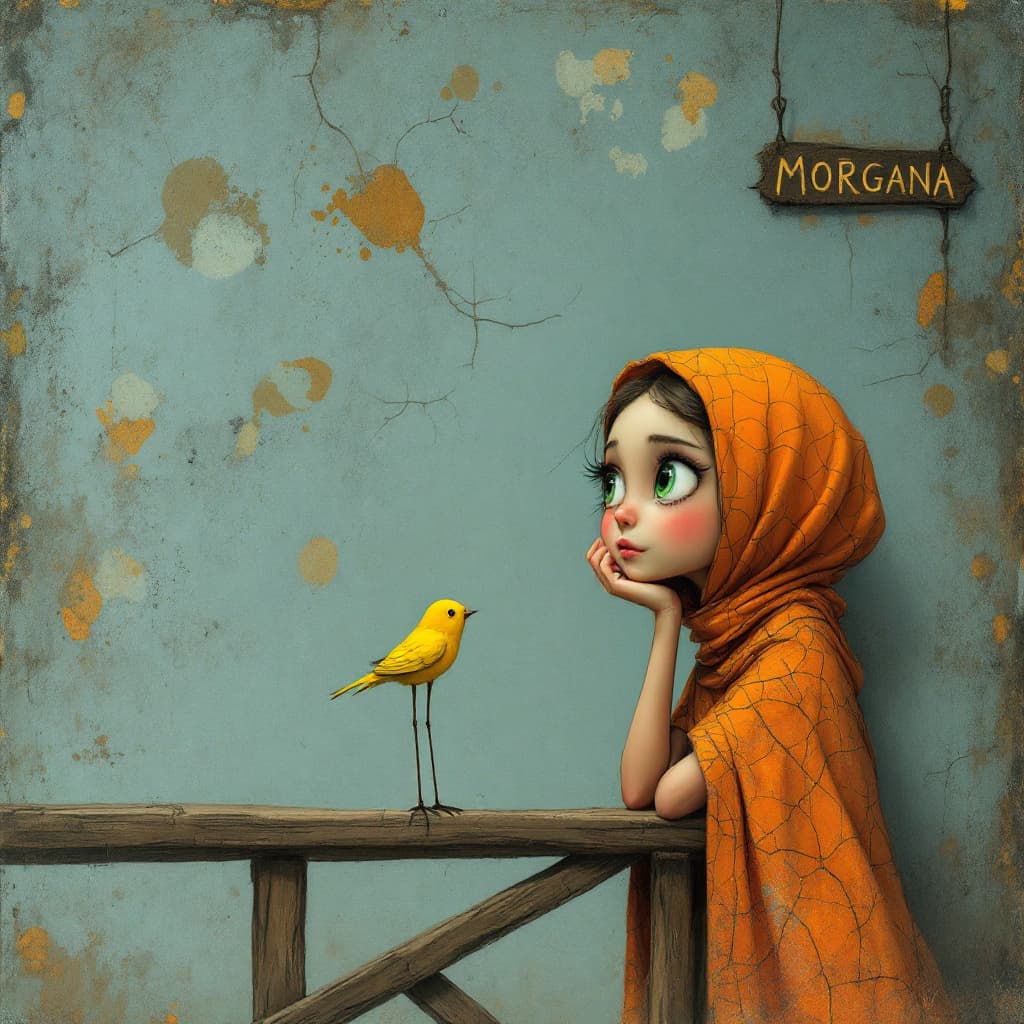 AI generated: "An enchanting illustration featuring a young girl with delicate features and large green eyes, wear...