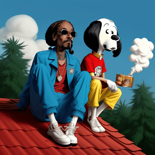 AI generated: Snoop Dogg and Snoopy sit on the roof of Snoopy's house and smoke an entire ounce of weed