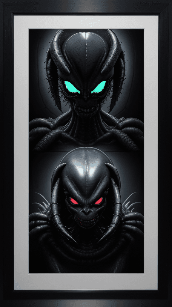 AI generated: "Ghastly-inducing Xenomorph RFKTR-style headshot framed((club card)):2.2 featuring H.R. Giger's mast...