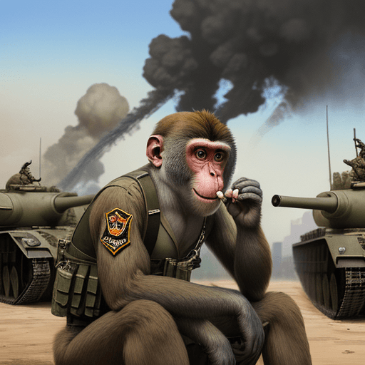 AI generated: hyperrealistic monkey smoking cigarettes during war, he is sittin on big bombs, in the background ta...