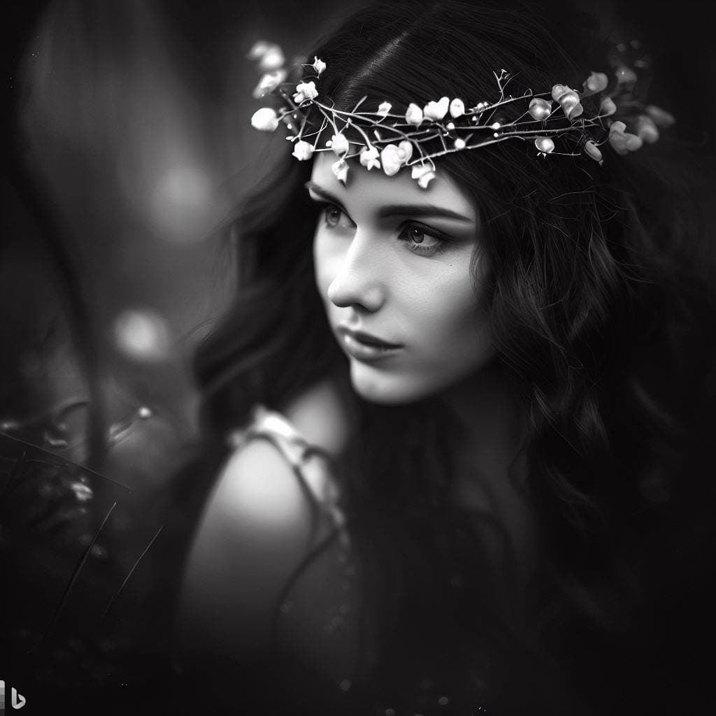AI generated: stunning alluring medium length portrait of a gorgeous girl in a mysterious forest, sparking eyes, s...