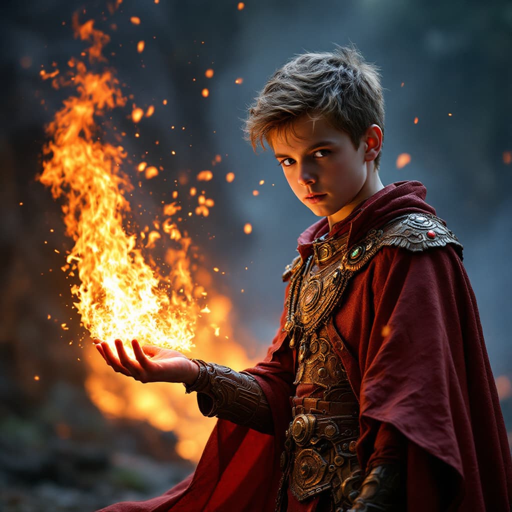 AI generated: A boy showing buring fire in his hand and wearing amazing scifi dress