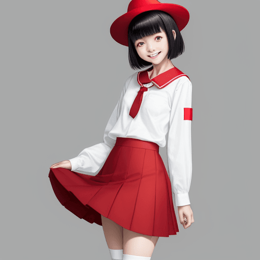AI generated: Photograph, f/5, very short black hair with choppy bangs, Japanese smiling thin girl wearing red ski...