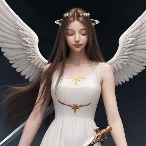 AI generated: a femine angel, tall, long brown hair, closed eyes, a light smile, white dress, big white wings, a h...