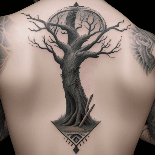 AI generated: Hyper realistic tattoo design embodiment of the saying "The axe forgets but the tree remembers", old...