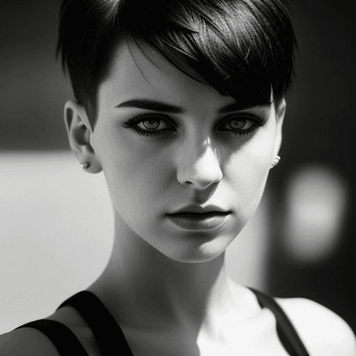 AI generated: A dramatic portrait of a young woman with a stylish haircut and piercing eyes. The photo is shot in ...