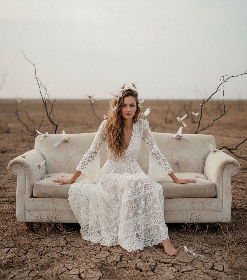 AI generated: a woman sitting on top of a couch in a field, skinny girl in white boho lanced dress, lalisa manobal...