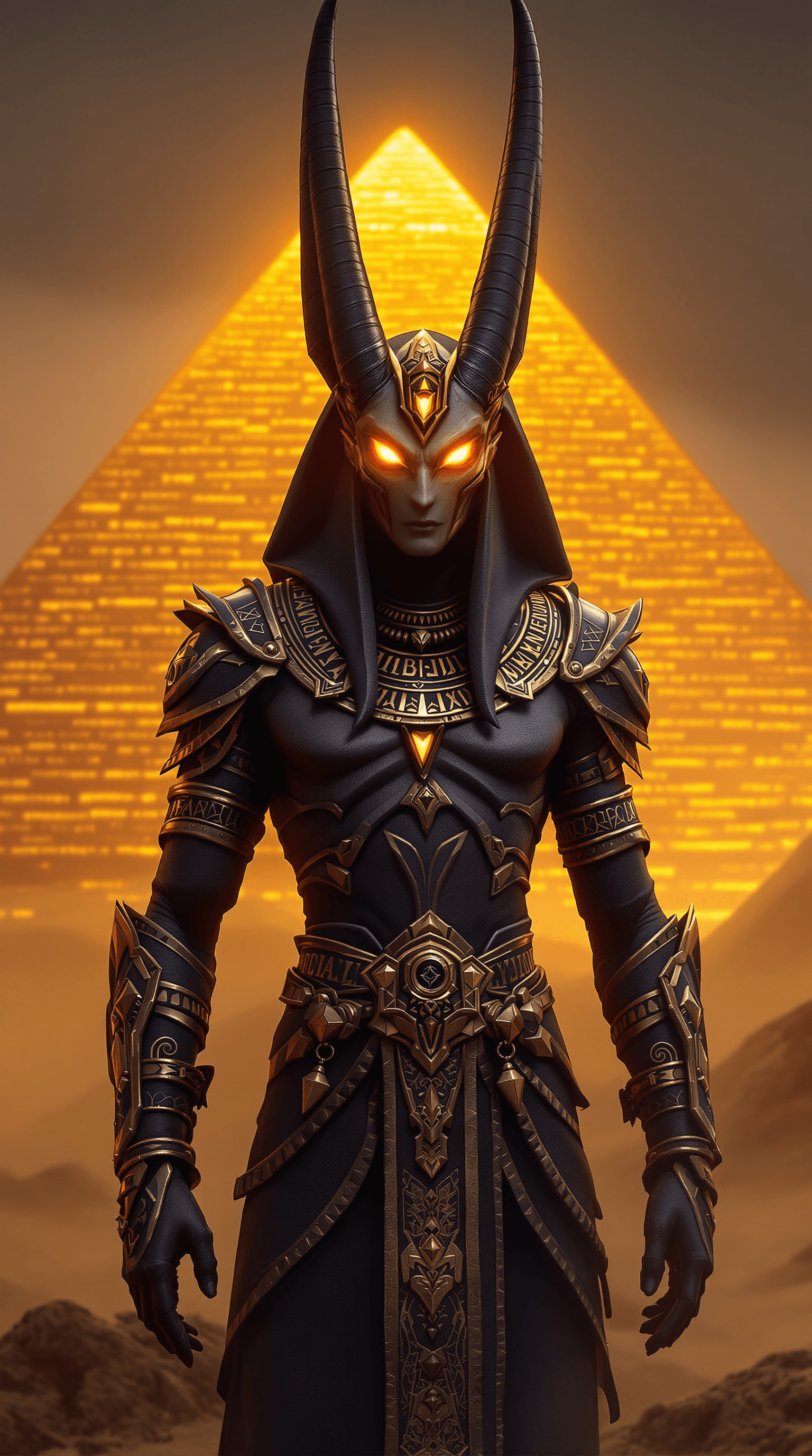 AI generated: anubis god egypt, background pyramid, glowing eyes, god, egypt, sand,heavy fantasy armor, full body ...
