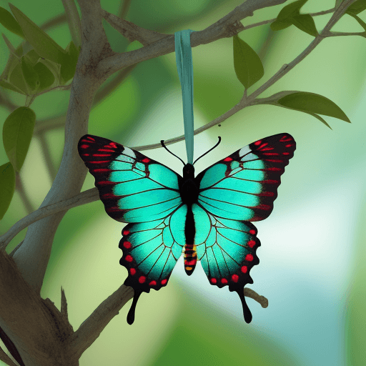 AI generated: MARIPOSA TURQUESA CON ALAS ABIERTAS POSADA EN UN ÁRBOL INMENSO