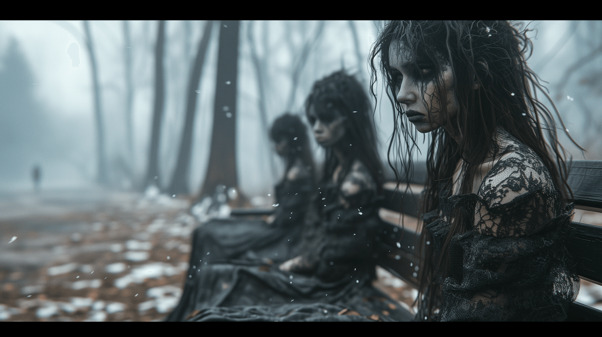 AI generated: three zombies on a park bench, frontview. each has: Old skinny female korean zombie with dark black ...