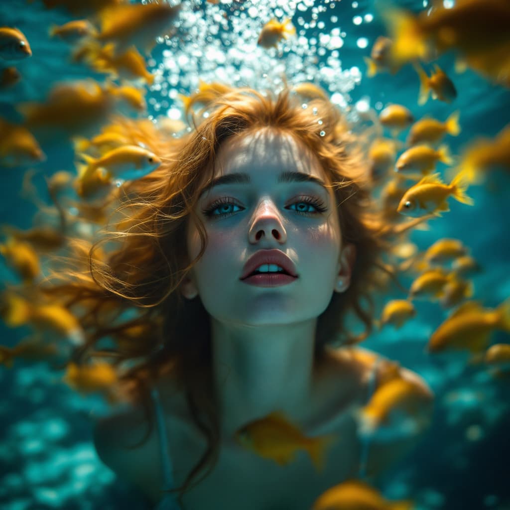 AI generated: hyper realistic photograph of a girl underwater with school golden fish around, closeup shot dreamy ...