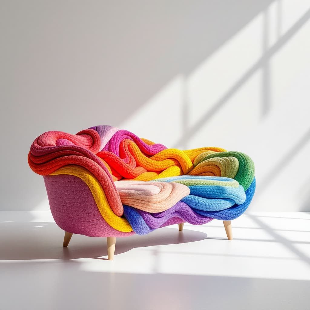 AI generated: high resolution photography, conceptual single sofa, inspired by rainbow, curved shape form, colorfu...