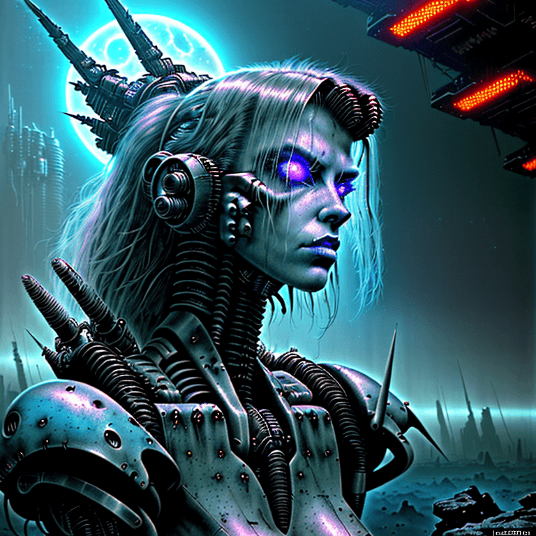 AI generated: a perfect Beautiful rugged female post apocalyptic retrowave synthwave cyborg, space age, creepy eer...