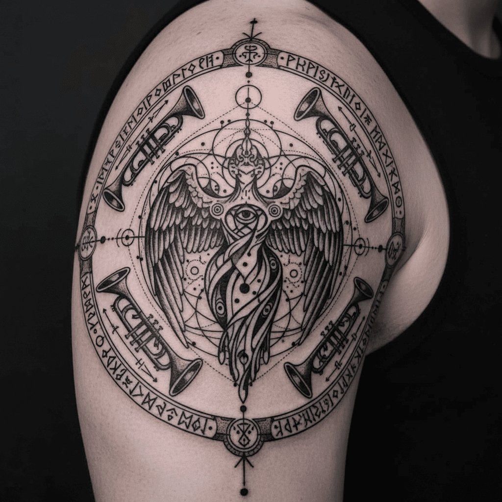 AI generated: Please create a tattoo design of a seraph surrounded by 7 trumpets in a sigilism style  