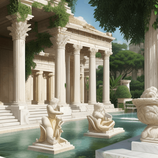 AI generated: Roman temples in white marble and gold accents, surrounded by lush hanging gardens inspired by Babyl...