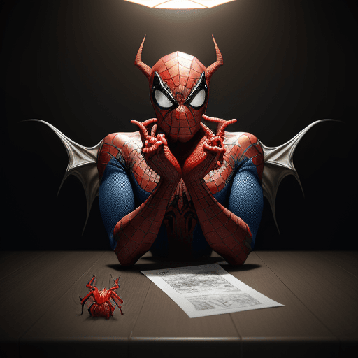AI generated: Fish devil monster on the table with the design and character of Spiderman The fish is gold and Red ...