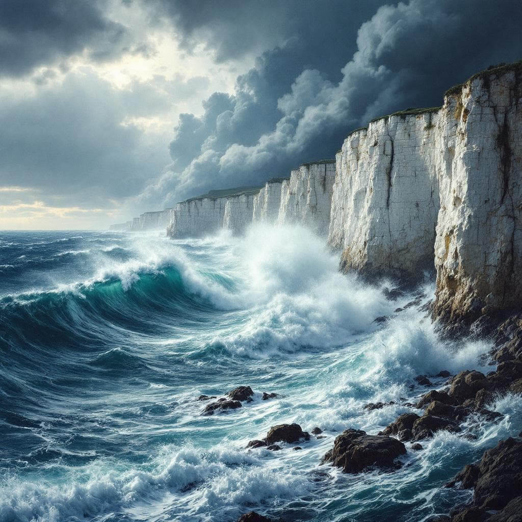 AI generated: A stormy ocean with towering waves crashing onto White cliffs, dark clouds, dramatic energy, deep bl...