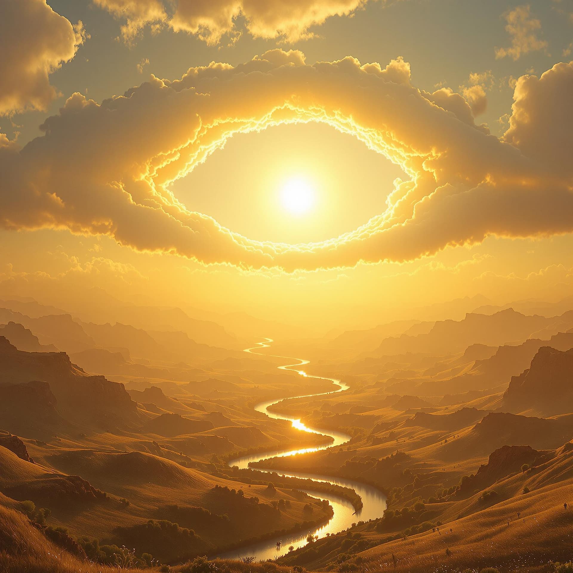 AI generated: A surreal, bright, hyperrealistic landscape bathed in golden morning light. Puffy clouds form a gent...